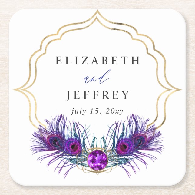 Glitter Gold Blue Purple Peacock Plume Wedding Square Paper Coaster (Front)