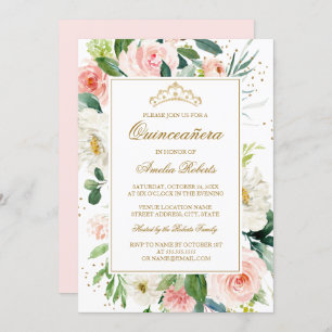 Glitter Gold Blush Floral Quinceanera Birthday I Invitation