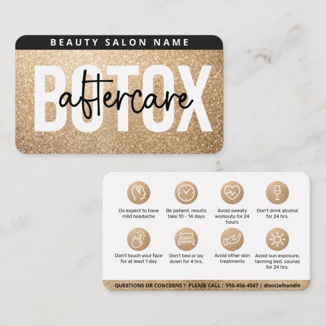 Glitter Gold Botox Filler Instruction Aftercare Business Card (Front/Back)