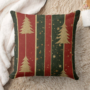 Glitter Gold Christmas Tree - Red & Green Striped Cushion
