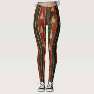 Glitter Gold Christmas Tree - Red & Green Striped Leggings
