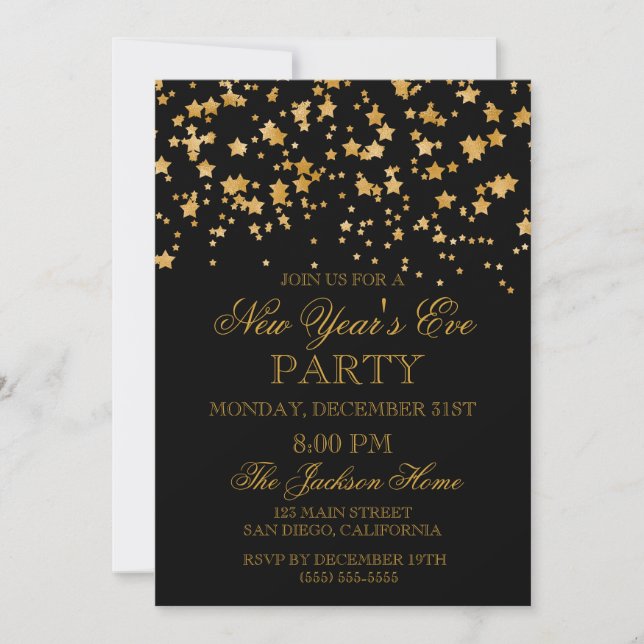 Glitter Gold Confetti Stars New Years Eve Party Invitation (Front)