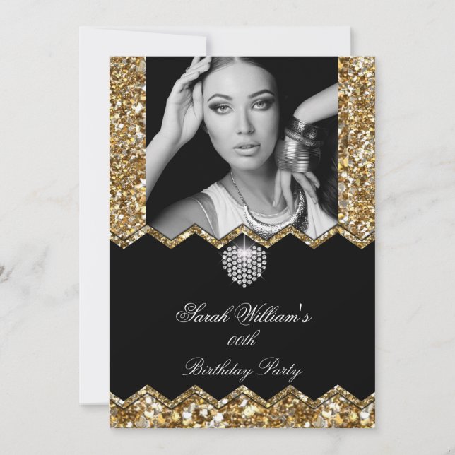 Glitter Gold Diamond Heart Photo Any Birthday Invitation (Front)
