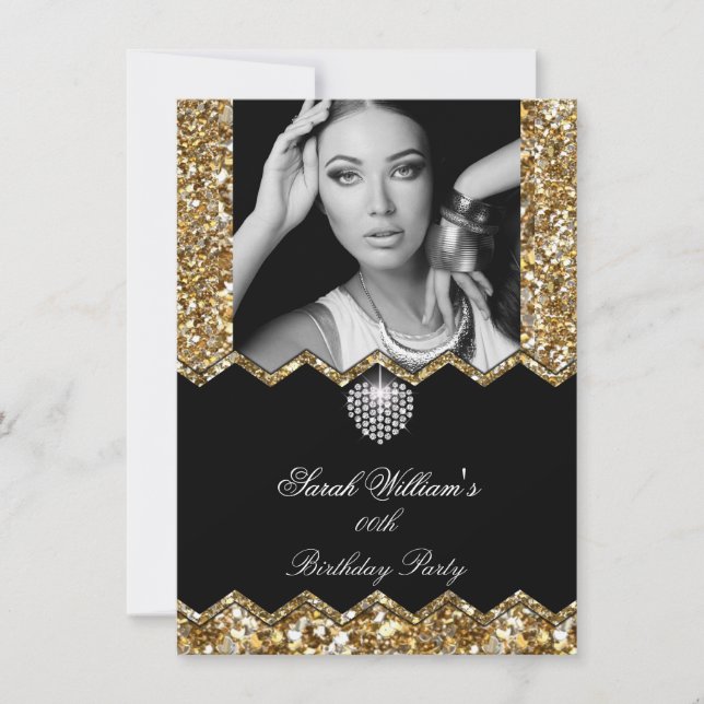 Glitter Gold Diamond Heart Photo Any Birthday Invitation (Front)