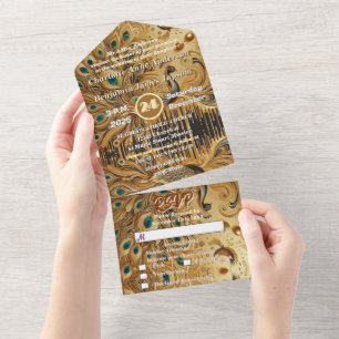Glitter Gold Dripping Elegant Peacock All In One Invitation