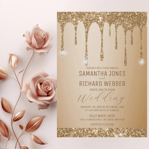 Glitter Gold Drips Champagne Beige Wedding Invitation