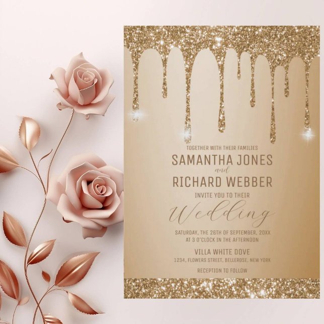 Glitter Gold Drips Champagne Beige Wedding Invitation (Creator Uploaded)