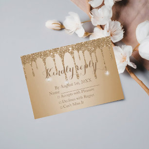 Glitter Gold Drips Champagne Beige Wedding RSVP Card