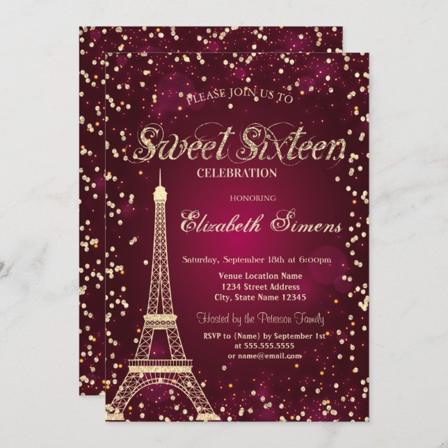 Glitter Gold Eiffel Tower Diamonds Red Sweet 16 Invitation (Front/Back)