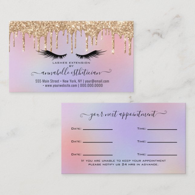 Glitter Gold  Eyelash Extension Appointment Busine Business Card (Front/Back)
