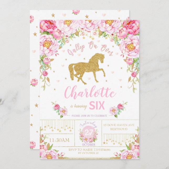 Glitter Gold Floral Horse Birthday Invitation Girl (Front/Back)