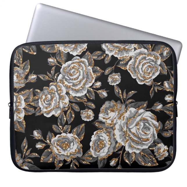 Glitter Gold Floral: Sparkle Vintage. Laptop Sleeve (Front)