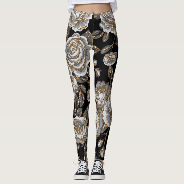 Glitter Gold Floral: Sparkle Vintage. Leggings (Front)