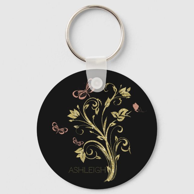 Glitter Gold Flourish Butterfly Personalised Key Ring (Front)
