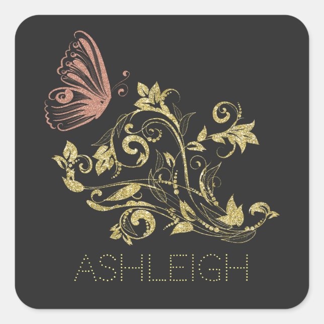 Glitter Gold Flourish Butterfly Personalised Square Sticker (Front)