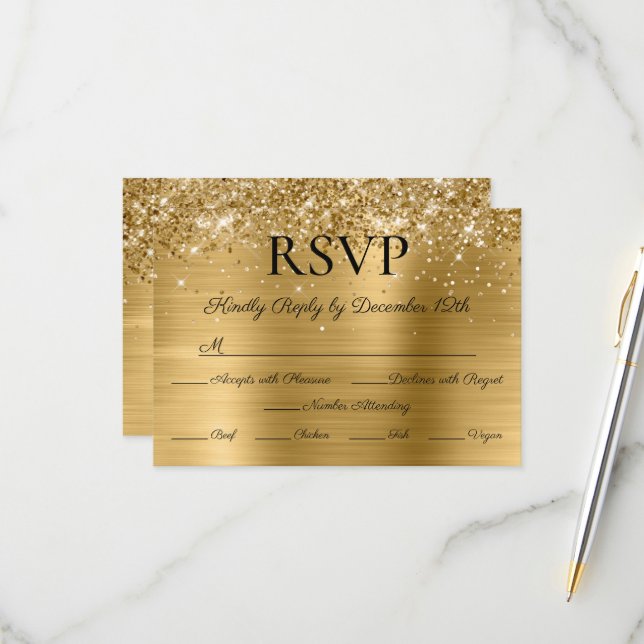Glitter Gold Foil Elegant Calligraphy Wedding RSVP Card (Front/Back In Situ)