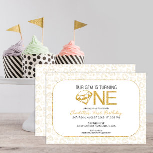 Glitter Gold Gem 1st Birthday Invitation