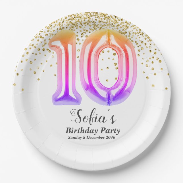 glitter gold , golden sparkle 10th birthday paper plate (Front)