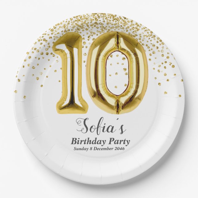 glitter gold , golden sparkle 10th birthday paper plate (Front)
