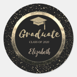 Glitter Gold Grad Cap,Confetti,Black Classic Round Sticker