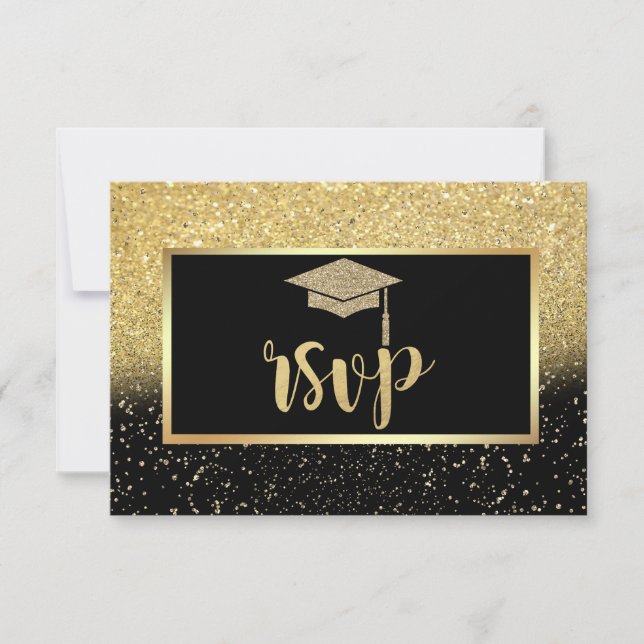 Glitter Gold Grad Cap, Confetti  Graduation Party RSVP Card (Front)