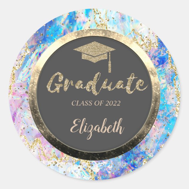 Glitter Gold Grad Cap,Confetti,Holographic Opal Classic Round Sticker (Front)