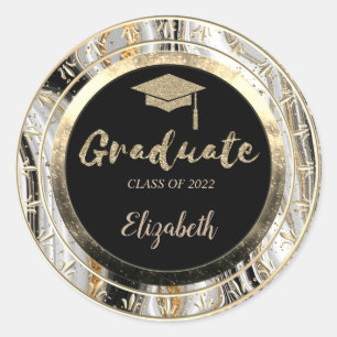 Glitter Gold Grad Cap,Confetti Marble Classic Round Sticker
