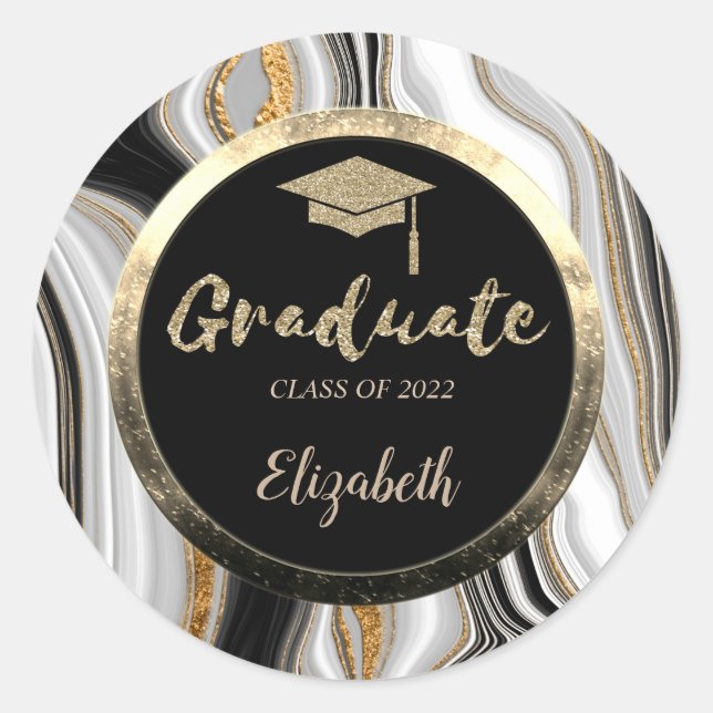 Glitter Gold Grad Cap,Marble  Classic Round Sticker (Front)