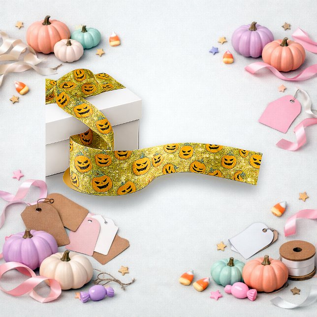 Glitter Gold Halloween Pumpkin Pattern Satin Ribbon (Creator Uploaded)
