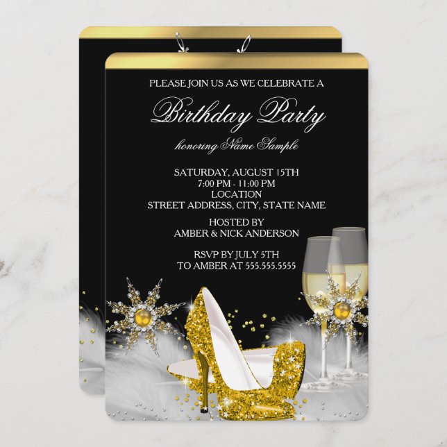 Glitter Gold High Heel Shoes Gold Champagne Black Invitation (Front/Back)