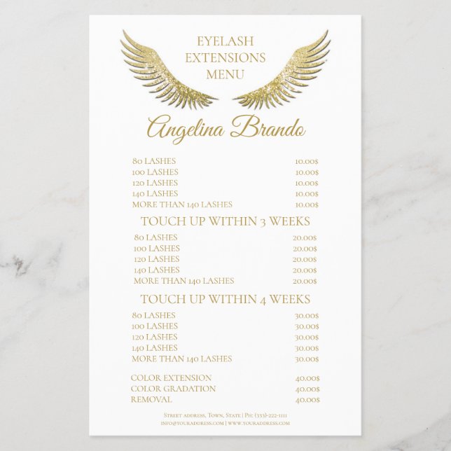 Glitter Gold Lashes Eyelash Extensions Price List Flyer (Front)