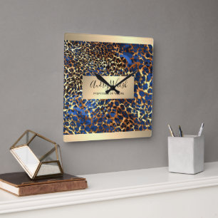 Glitter Gold Luxury Animal Skin Leopard Beauty Square Wall Clock