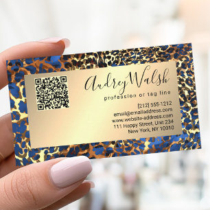 Glitter Gold Luxury QR Code Animal Skin Leopard Business Card