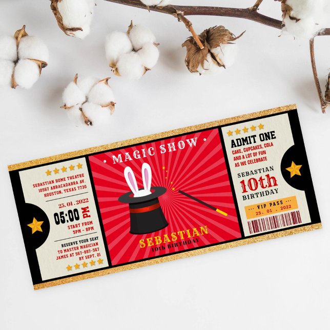 Glitter gold magic show birthday ticket invitation (Creator Uploaded)