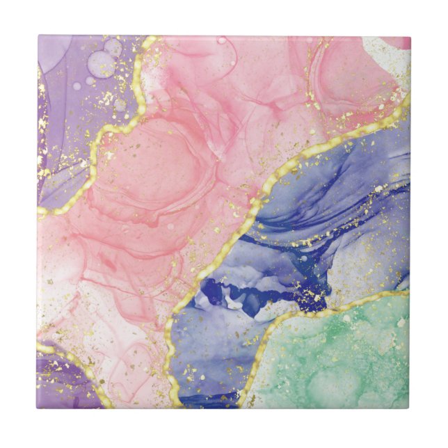 Glitter Gold Marble Pastel Colours Ceramic Tile (Front)