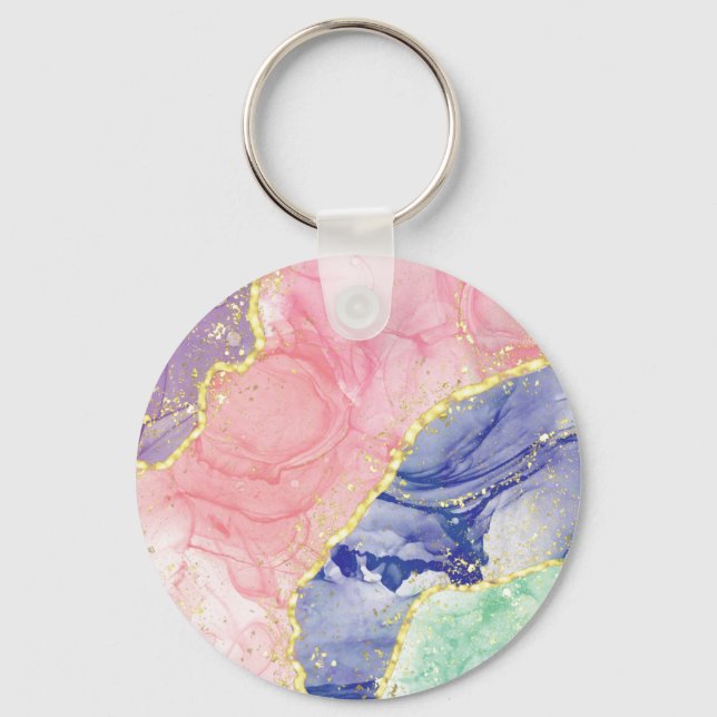 Glitter Gold Marble Pastel Colours Key Ring (Front)