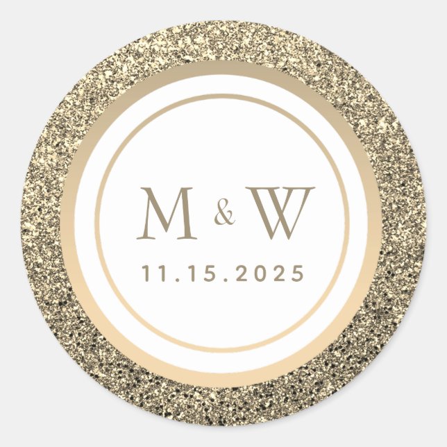 Glitter Gold Monogram Wedding Classic Round Sticker (Front)