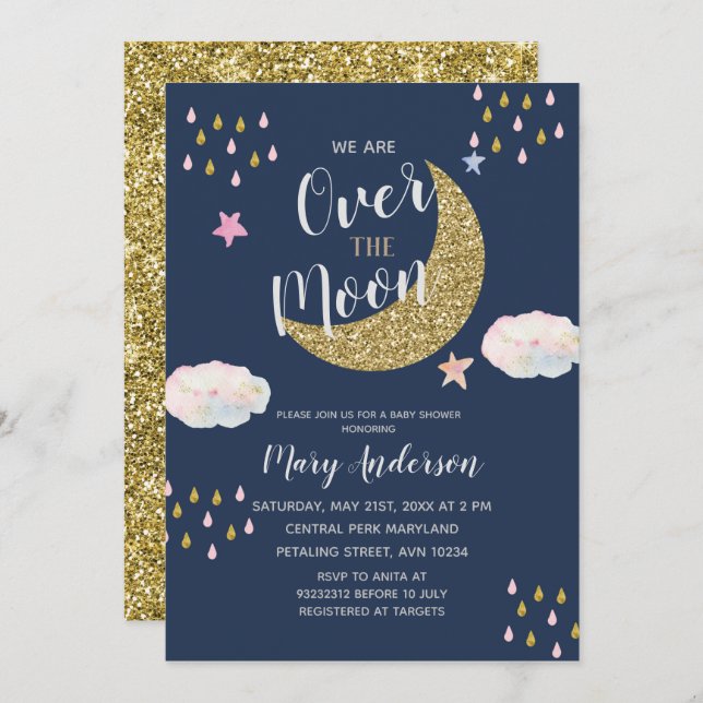 Glitter Gold Moon Baby Shower Invitation (Front/Back)
