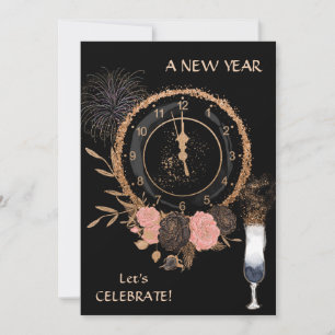 Glitter Gold New Year Clock Party Invitation