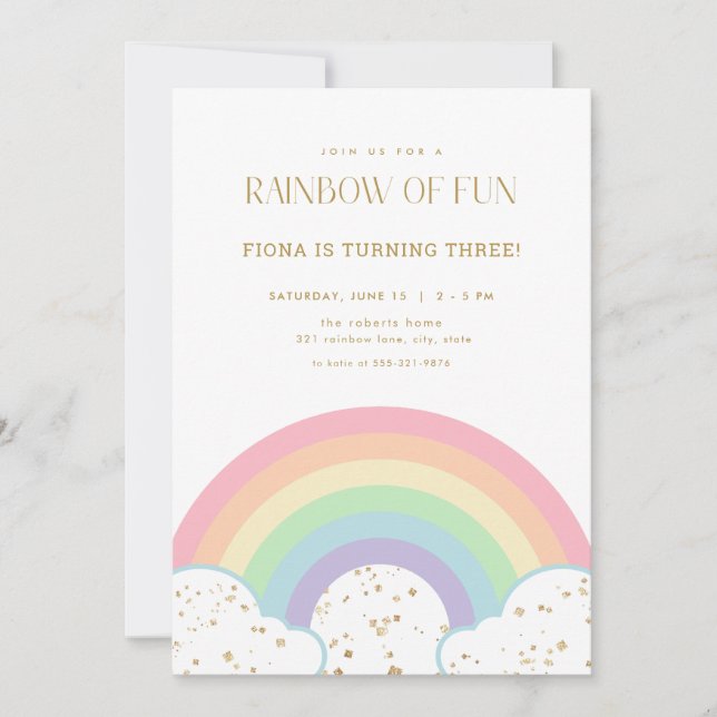 Glitter Gold & Pastel Rainbow Birthday Invitation (Front)