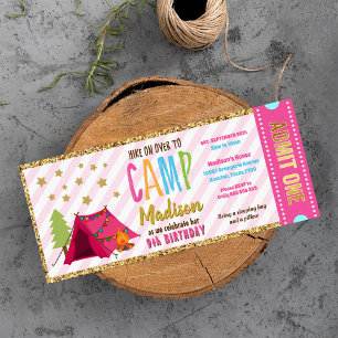 Glitter Gold Pink Glamping Ticket Pass Birthday Invitation