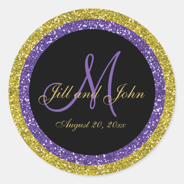 Glitter Gold Purple Wedding Monogram Seals Sticker (Front)