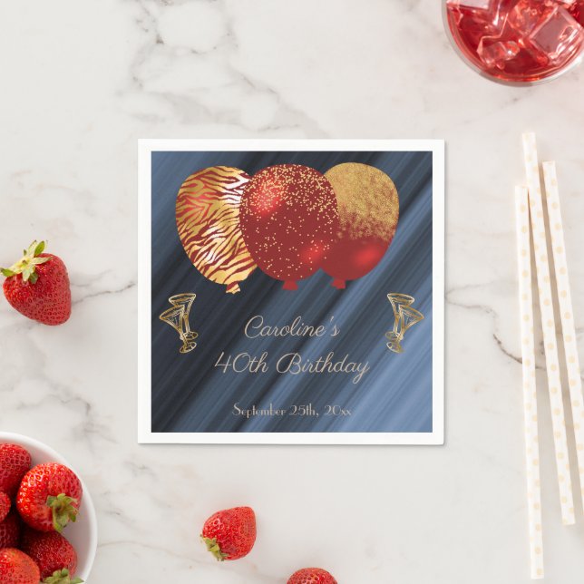 Glitter & Gold Red Balloons Birthday Napkin (Insitu)