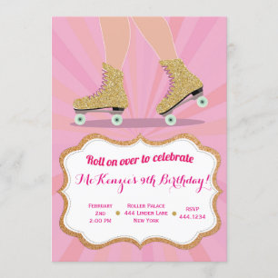 Glitter Gold Roller Skate Birthday Invitations
