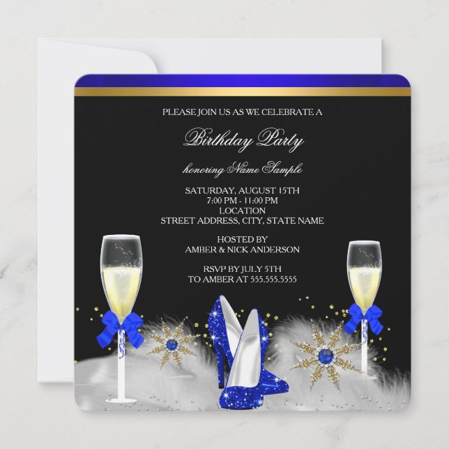 Glitter Gold Royal Blue Heels Black Champagne Invitation (Front)