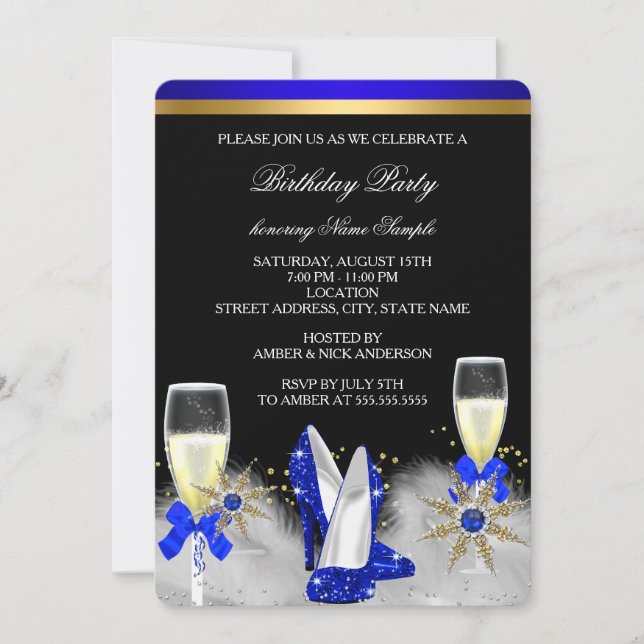 Glitter Gold Royal Blue Heels Black Champagne Invitation (Front)