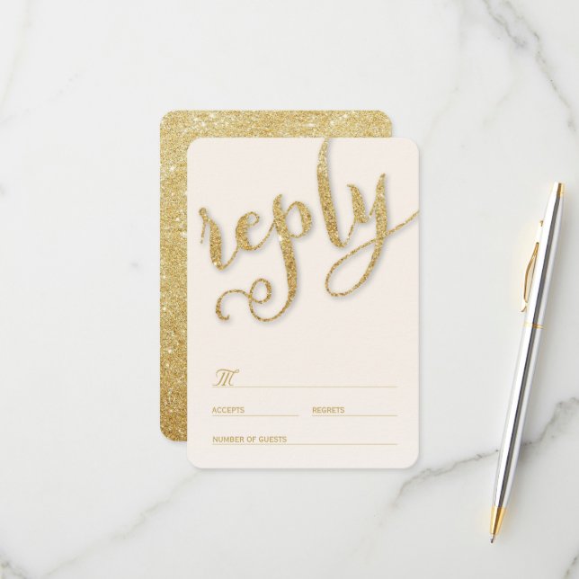 Glitter Gold Script Forever Classy Elegant Wedding RSVP Card (Front/Back In Situ)
