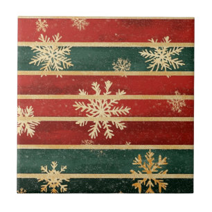 Glitter Gold Snowflakes on Red & Green Striped (1) Ceramic Tile