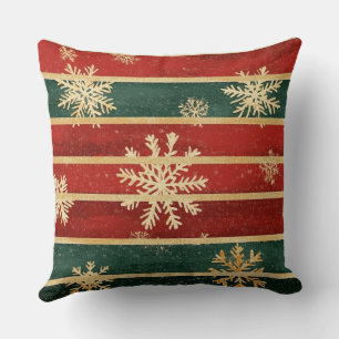 Glitter Gold Snowflakes on Red & Green Striped (1) Cushion