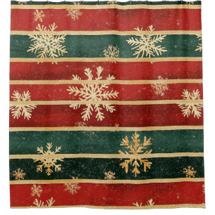 Glitter Gold Snowflakes on Red & Green Striped (1) Shower Curtain